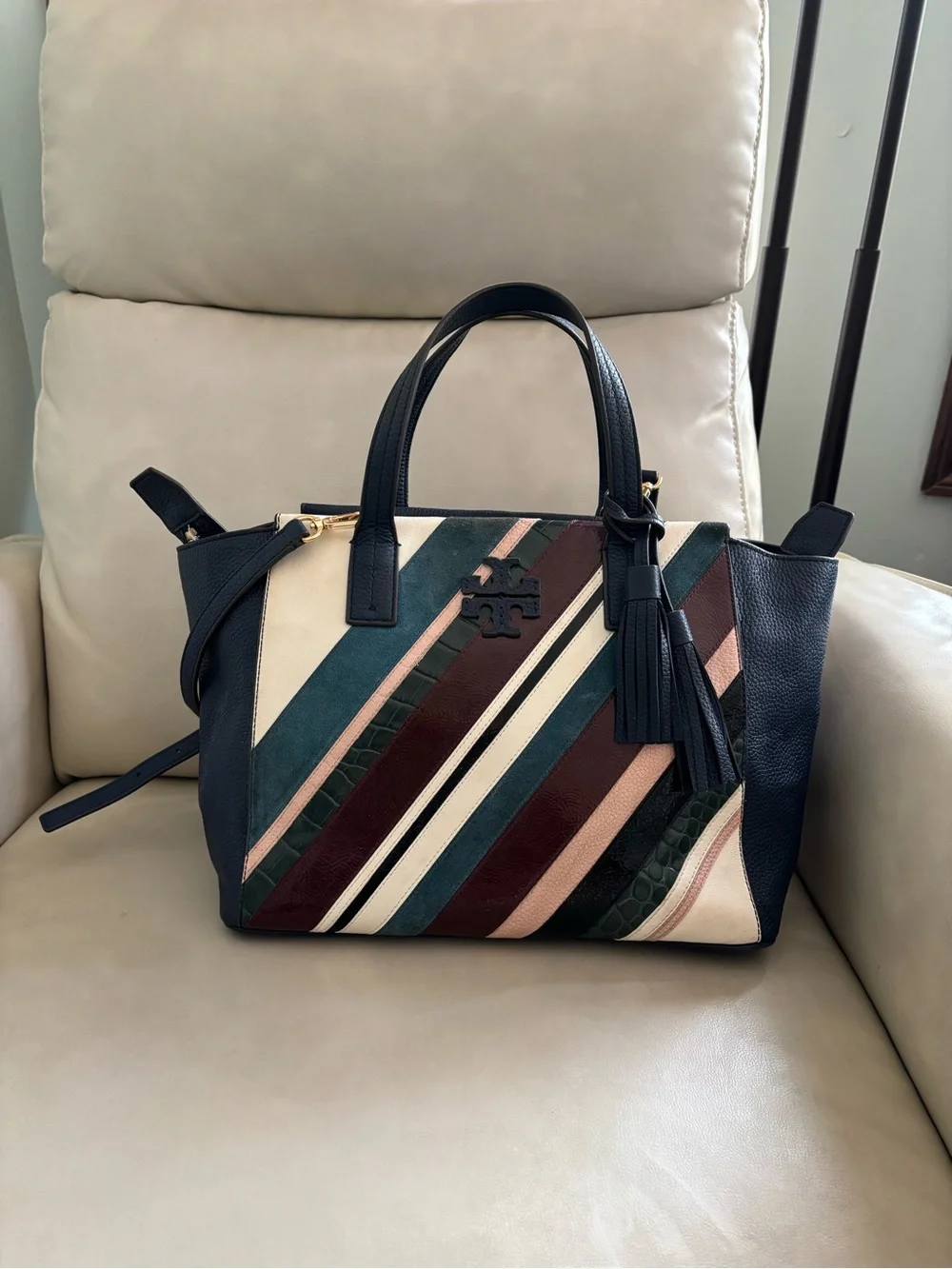 Tory Burch Striped Leather Crossbody Satchel - Navy, Cream, Pink & Burgundy